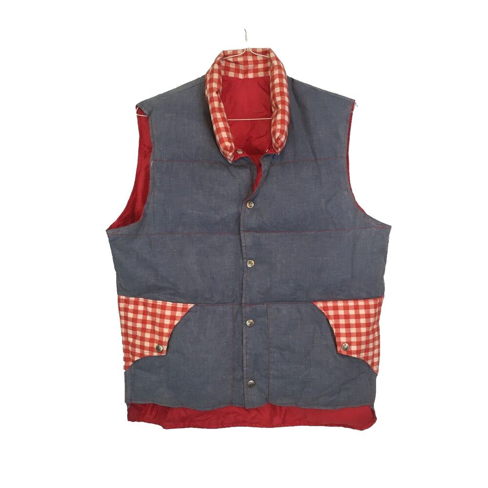 Liberty Bell Vintage 1970s Gingham Puffer Vest Blue Red Vest Revisable Large